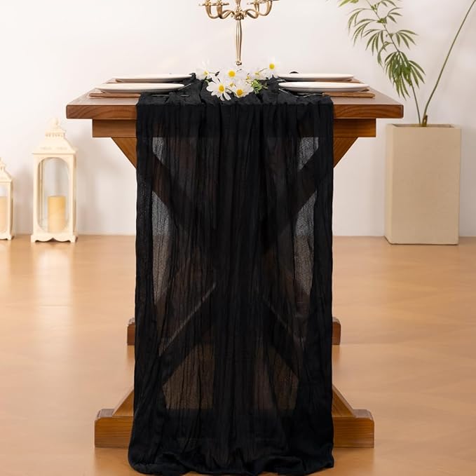 Socomi 3pcs Black New Year Valentine's Day Cheesecloth Table Runner Boho Rustic Gauze 120 inch 10FT Cheese Cloth Runner for Wedding Party Baby Shower Birthday Home Decor Holiday Decorations