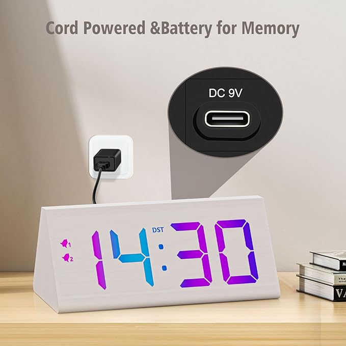 Wooden Digital Alarm Clock with Dual USB Charging Ports, DST, Dimmable, Snooze, RGB Colors, Modern Large Time Display LED Clock for Kids Bedrooms, Living Room, Desk, Table, Bedside, Nightstand (White)