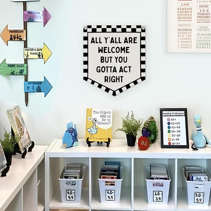 Lacama Car room decor, Vintage Checkered Wall Hanging Banner for Boys Girls Kids Room Playroom Bedroom Classroom College Dorm Decor, All Y'all Are Welcome But You Gotta Act Right Banner，wlcome banner