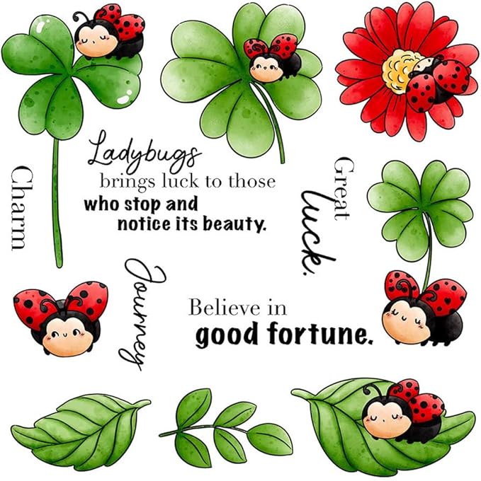 Ladybug Four-Leaf Clover Stamps and Cutting Dies for Card Making DIY Transparent Silicone Clear Stamp and Metal Die Cuts Sets for Scrapbooking Paper Greeting Cards Decor Seals Craft Supplies
