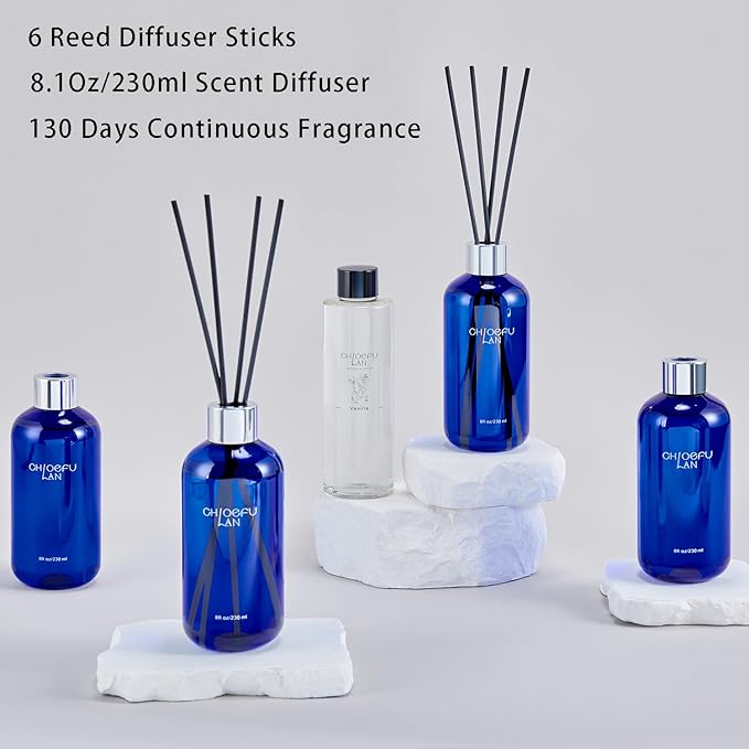 Chloefu Lan Jasmine Reéd Diffuser,8.1 oz Natural Essential Scented Oil with Diffuser Sticks,Blue Jar, Home & Office Decor Aromatherapy Diffuser Oil Gift Set