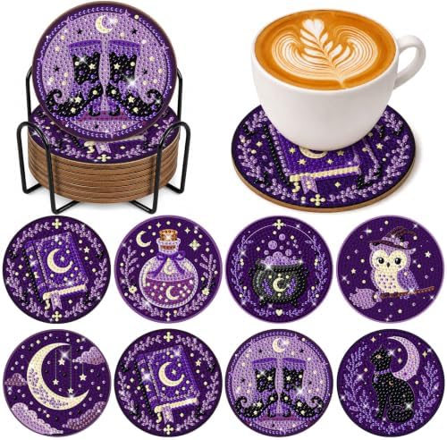 8 Pcs Halloween Diamond Art Coasters Purple Moon DIY Craft Kit with Holder by Demonwer