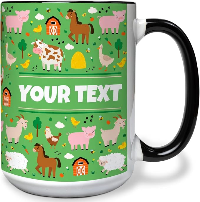 Personalized Mug for Kids - Farm Animals - Custom Name/Text, Ceramic Hot Chocolate/Cocoa/Coffee Cup for Boys/Girls, Birthday/Christmas/Holiday Gift - 15 oz, Light Blue Handle
