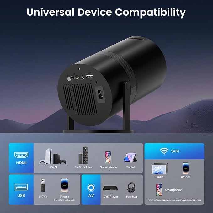 Mini Portable Projector with WiFi and Bluetooth,Support Movie Projector 1080P HD,Auto Keystone Correction,180° Rotatable,Compatible with TV Stick, HDMI, USB, Smartphone, Laptop (Black)