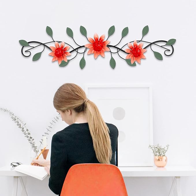 KHJCXS Metal Wall Art Modern Minimalist Metal Flowers Indoor Decor Horizontal Wall Art Iron Artwork,for Over Door,Bedroom,Living Room,Kitchen,Office Scroll Decor(Red)