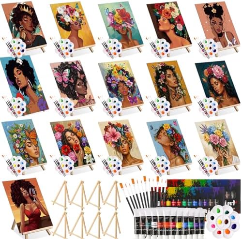 Cholemy 99 Pcs 16 Set Sip and Paint Kit for Adults 8"x 10" Pre Drawn Canvas Painting with Wooden Easel Pre Printed Canvas Painting Favor for DIY Birthday Gifts Adult's Date Party(Charming Lady) by Cholemy