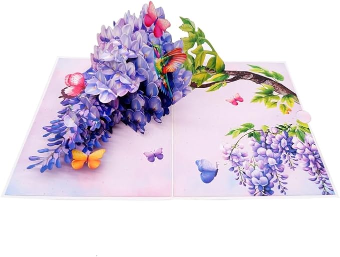 3D Pop Up Greeting Card – Hummingbird with Wisteria & Butterflies – Elegant Floral Card for Birthday, Mother’s Day, Anniversary & Special Occasions, F63