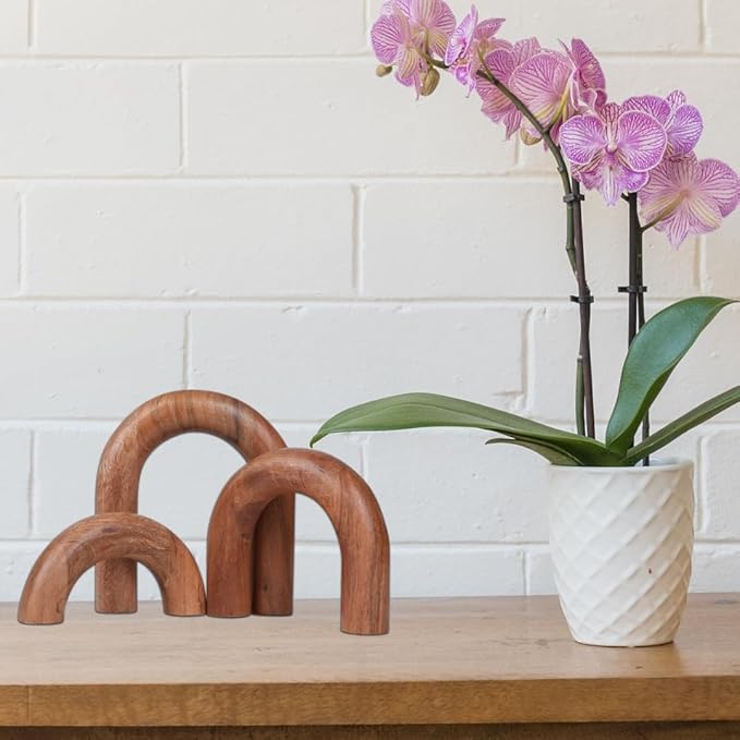 Homebia Designs Decorative Acacia Wood Arch Decor Set of 3 - Large - 6.5 Inch, Medium - 5 Inch, Small - 3 Inch - Natural