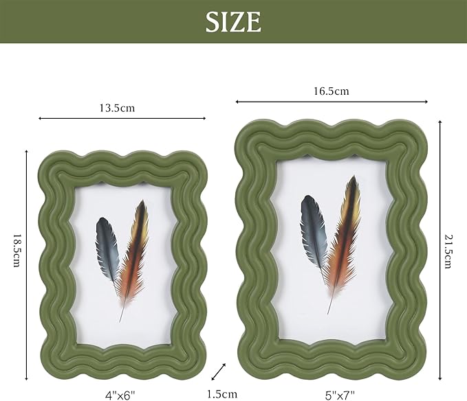 5x7 Picture Frame, Display Pictures 5x7 with Mat, Wavy Edge Wood Photo Frame for Tabletop and Wall Hanging, with Clear Plexiglass for Vertical or Horizontal Display, Green, 1 Pack