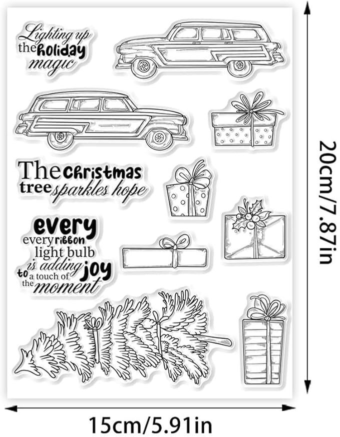 Car Christmas Tree Box Stamps and Cutting Dies for Card Making DIY Transparent Silicone Clear Stamp and Metal Die Cuts Sets for Scrapbooking Paper Greeting Cards Decor Seals Craft Supplies
