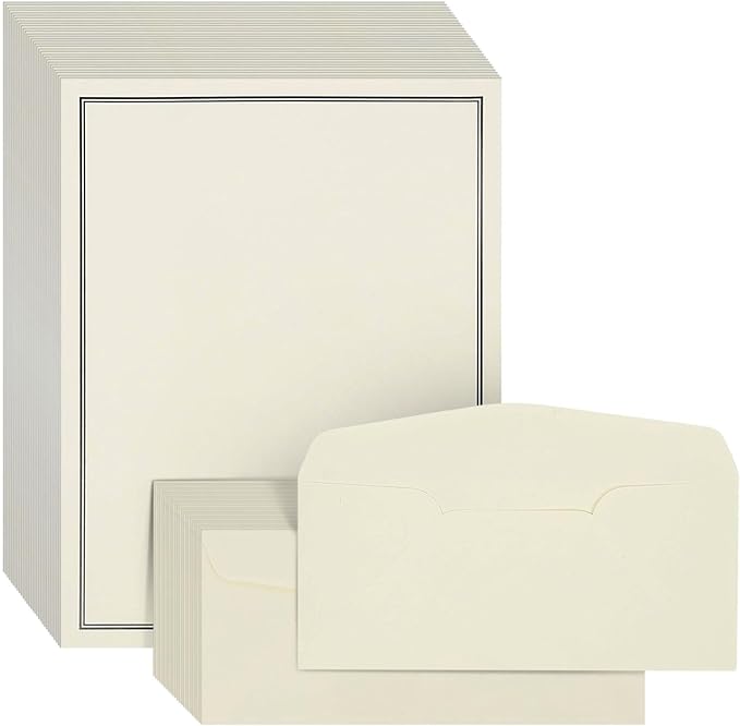 Premium Stationery Paper Set with Envelopes (Ecru and Black 48-Pack)