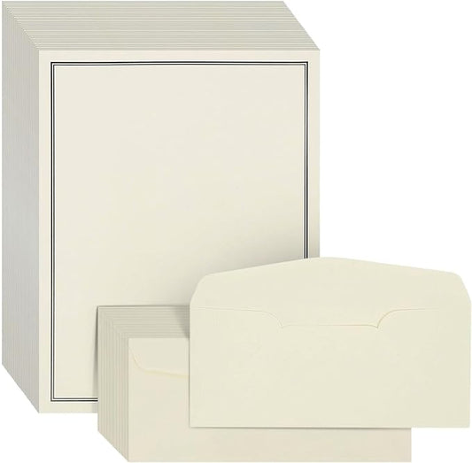 Premium Stationery Paper Set with Envelopes (Ecru and Black 48-Pack)