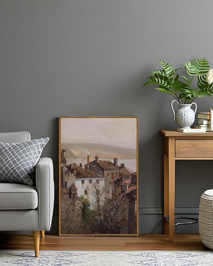 VIYYIEA Vintage Framed Canvas Wall Art, European Towns Landscapes Art, Living Room Hallway Bedroom Library Rustic Retro Neutral Decor, Antique Country Town Picture Paintings,16x24 Inch