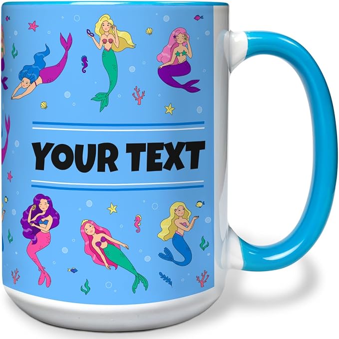 Personalized Mug for Kids - Mermaids - Custom Name/Text, Ceramic Hot Chocolate/Cocoa/Coffee Cup for Girls, Birthday/Christmas/Holiday Gift - 15 oz, Pink Handle