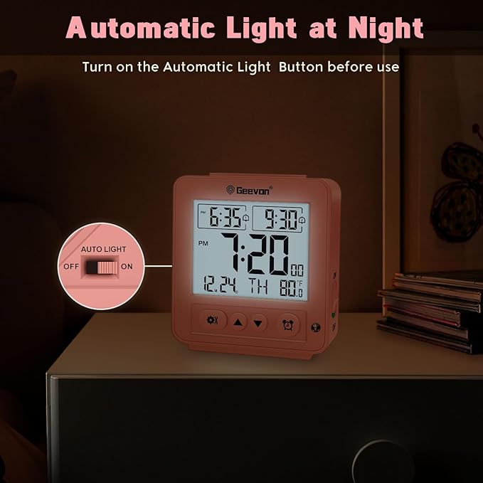 Geevon Smart Night Light Small Digital Alarm Clock with 2 Increasing Beep Alarm, Indoor Temperature, Battery Operated Travel Clock for Bedroom, Bedside, Desk(Pink)
