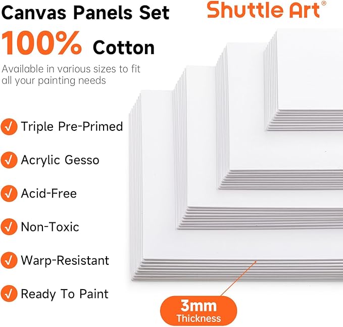 Shuttle Art Painting Canvas Panel, 36 Multi Pack, 5x7, 8x10, 9x12, 11x14 inch (9 PCS of Each), 100% Cotton Art Canvas Board Primed White, Blank Canvas for Kids Adults for Acrylic Oil Painting