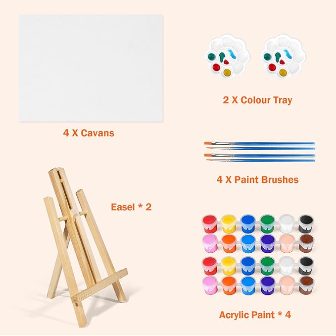 Acrylic Paint Set with 2 PCS 11.8In Easel & 4 PCS 8X10In Canvas, Painting Canvas Panel with Easel, Art Canvas Painting Kit with Brushes & Paint Trays for Kids Teenagers Acrylic Oil Water Color Gift
