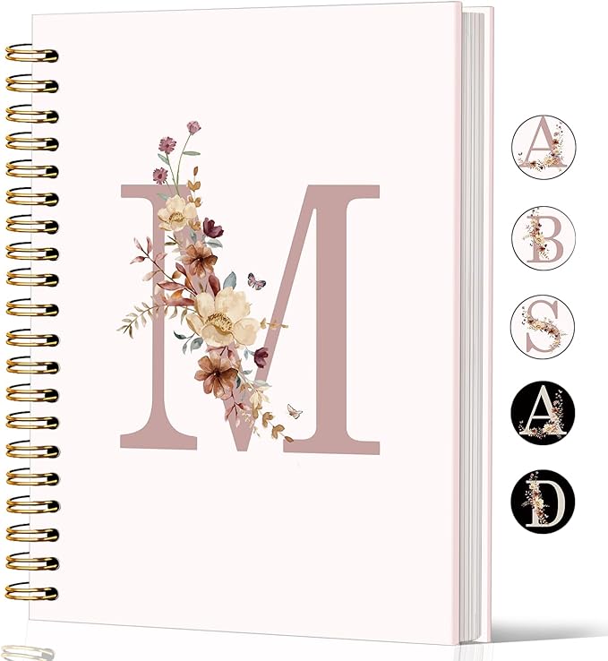 Lacama Pink Monogram M Notebook Journal, Aesthetic Wildflower Personalized Spiral Notebook, Customized Monogrammed Gifts, Birthday Gifts for Women, School Supplies, Office Supplies 5.5x8.3