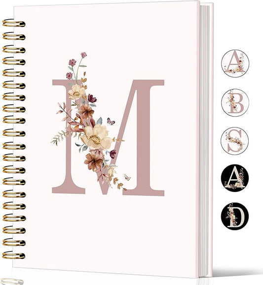 Lacama Pink Monogram M Notebook Journal, Aesthetic Wildflower Personalized Spiral Notebook, Customized Monogrammed Gifts, Birthday Gifts for Women, School Supplies, Office Supplies 5.5x8.3