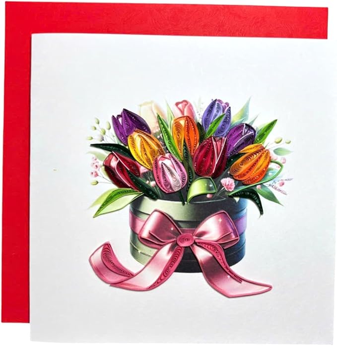Handmade Quilling Tulip Flower Box Card – 3D Pop-Up Multicolor Floral Greeting with Red Envelope – Blank Inside – Birthday, Mother’s Day, Thank You, Anniversary