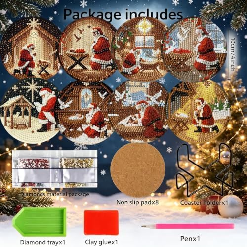 8 Pcs Santa Claus Praying Diamond Art Coasters Kit - DIY 5D Christmas Jesus Diamond Painting Coasters with Holder, Mini Small Diamonds Arts Kits for Adults Coaster, Gem Art Arts and Crafts for Adults - Image 2
