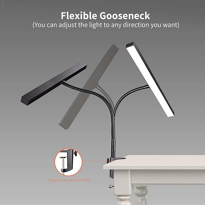 Piano Desk Lamp, 2-in-1 LED Piano Light for Upright Digital Grand Piano, 10W Flexible Gooseneck Table Lamp with 3 Color Modes×10 Brightness for Home Office Bedroom, Black (With Base and Clamp)