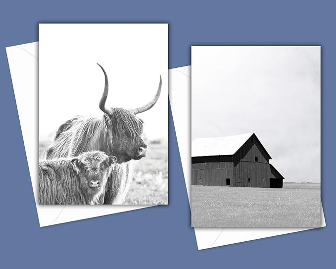 Modern Farmhouse Greeting Cards - Set of 10 All Occasion 5x7 Note Cards with Envelopes. Blank Inside. Assorted Black & White Photos including Horses, Cows, Barn, Daisies, Windmill and more.