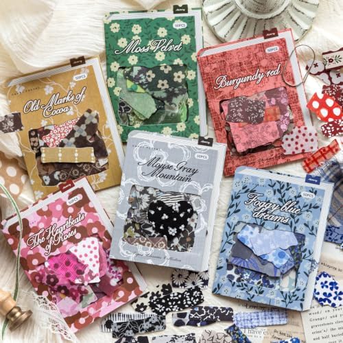 300 Pcs Vintage Washi&Fabric-Patterned Stickers Kit Junk Journal Supplies by Aromoty