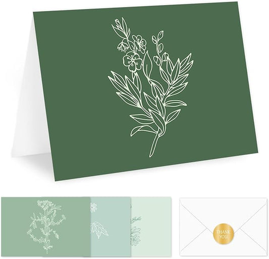 Whaline 40 Pack Green Floral Greeting Cards Gradient Color Botanical Thank You Card Flower Leaves Blank Note Cards with Envelopes Stickers for Wedding Birthday
