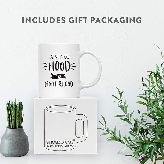 Andaz Press Mother's Day 11oz. Ceramic Coffee Tea Mug Gift for Mom, Ain't No Hood Like Motherhood, 1-Pack, Birthday Christmas Gift Ideas