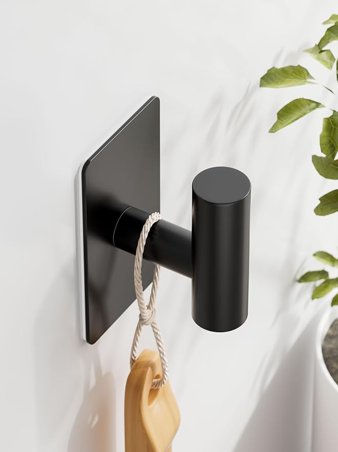 Towel Hooks for Bathrooms – 4 Pack, Matte Black Finish, T-Shaped Stainless Steel Adhesive Wall Hooks for Robes & Towels in Kitchen, Shower, or Closet