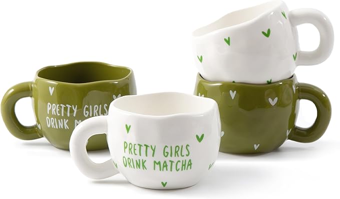 4pcs Cute Ceramic Coffee Mug, 9.4OZ White Green Porcelain Tea Mugs, Ceramic Cup Sets for Matcha Lovers, Dishwasher & Microwave Safe, Christmas Gift(Matcha)