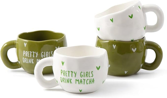 4pcs Cute Ceramic Coffee Mug, 9.4OZ White Green Porcelain Tea Mugs, Ceramic Cup Sets for Matcha Lovers, Dishwasher & Microwave Safe, Christmas Gift(Matcha)
