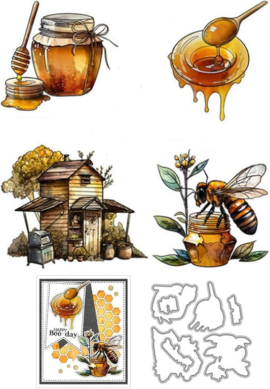 Honey Wooden House Stamps and Cutting Dies for Card Making DIY Transparent Silicone Clear Stamp and Metal Die Cuts Sets for Scrapbooking Paper Greeting Cards Decor Seals Craft Supplies