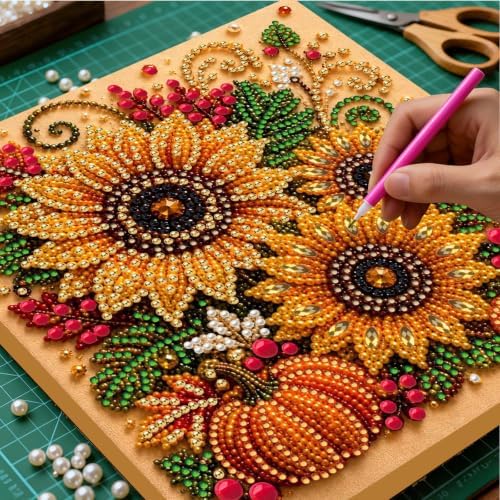 DIY Pearl Painting Kit for Adults, Autumn Sunflowers Fall Art with Wood Frame, 20x20cm Self-Adhesive Pearl Diamond Craft, Autumn Wall Decor Gift for Women, Beginners Relaxing Hobby Kit - Image 2