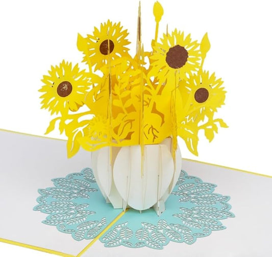iGifts And Cards Inspirational Sunflowers 3D Pop-Up Card – Sunflower Bouquet in White Vase – Friendship, Thinking of You, Welcome Home, Housewarming, Encouragement Gift – 6 x 6 Handmade Floral Card