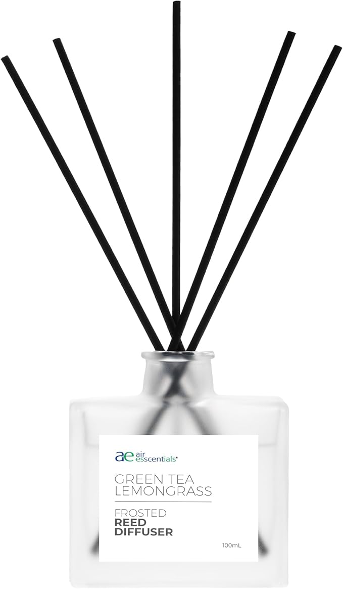 Air Esscentials Frosted Green Tea Lemongrass Reed Diffuser Set - Decorative Fragrance Diffuser & Oil for Bathroom & Home | Long-Lasting Aroma | Natural Scent Sticks | Essential Oils, Botanicals| 100mL