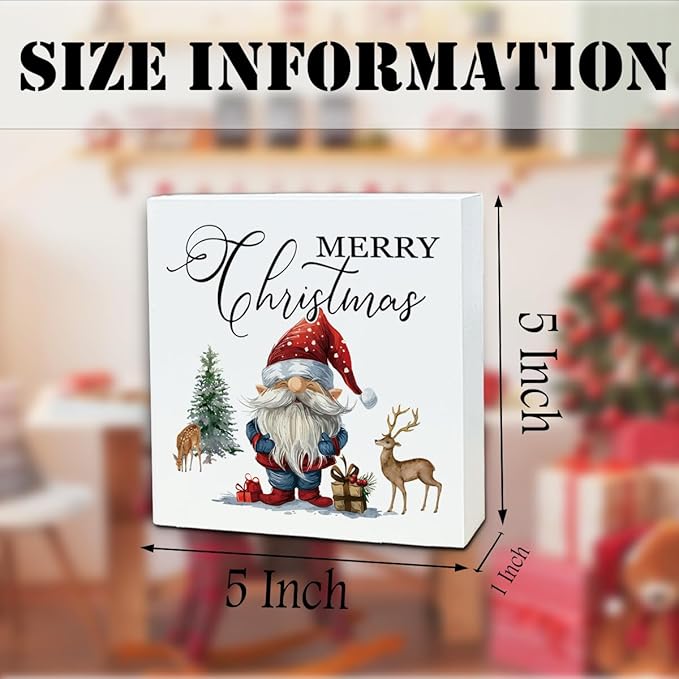 Cute Santa Snowman Wood Box Sign Desk Decor, Claus Snow Scene Wooden Block Sign, Winter Christmas Home Decorative Plaque for Living Room Bedroom Office Table Top Decor 5 x 5 Inches