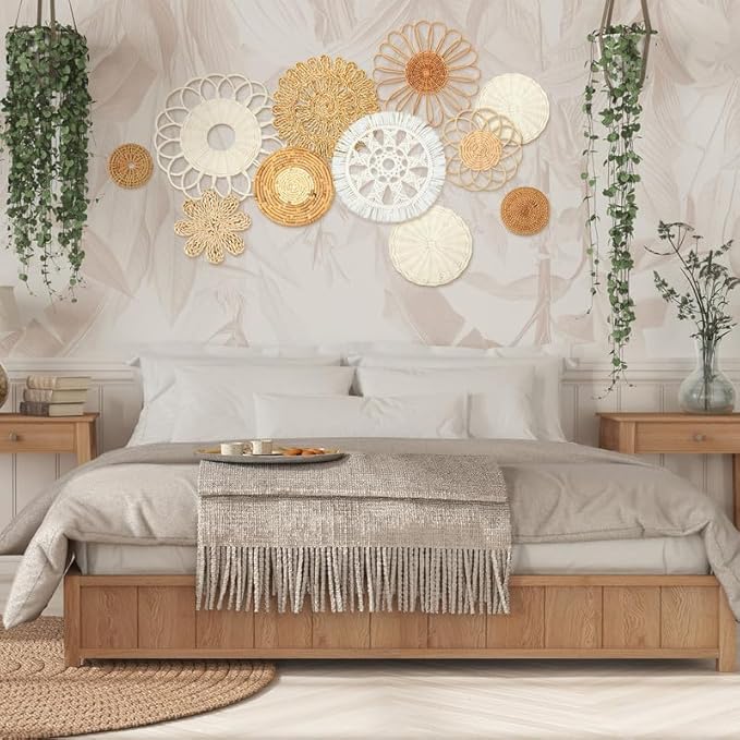 Tatuo 11 Pcs Boho Wall Basket Decor Decorative Bulrush Woven Basket Wall Decor Art Round Farmhouse Hanging Baskets for Kitchen Rustic Home Summer Decorations, Multi Sizes(Novel)