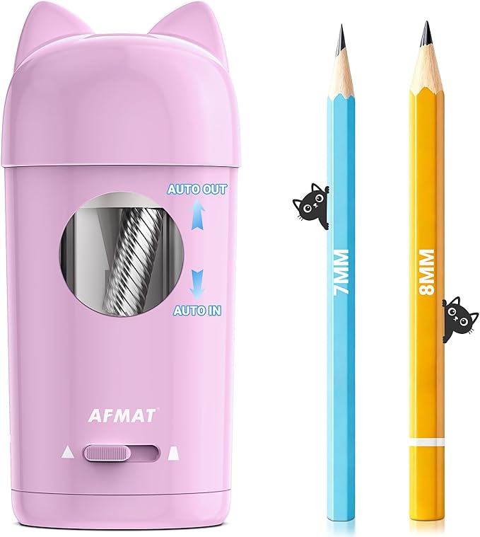 AFMAT Electric Pencil Sharpener, Automatic Pencil Sharpener, Auto in & Out, Colored Pencil Sharpeners for φ7-8mm Pencils, Rechargeable & Cordless, Battery Powered for Classroom Home School PSX9