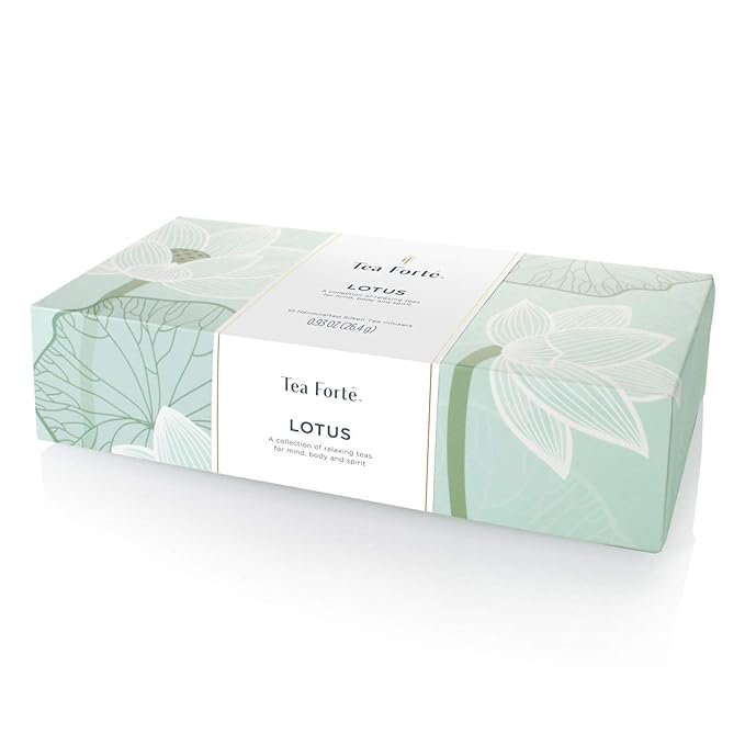 Tea Forte Lotus Petite Presentation Box Tea Gift Set Sampler, 10 Assorted Variety Handcrafted Pyramid Infuser Bags, Black, Green, Oolong, White, Herbal Blends
