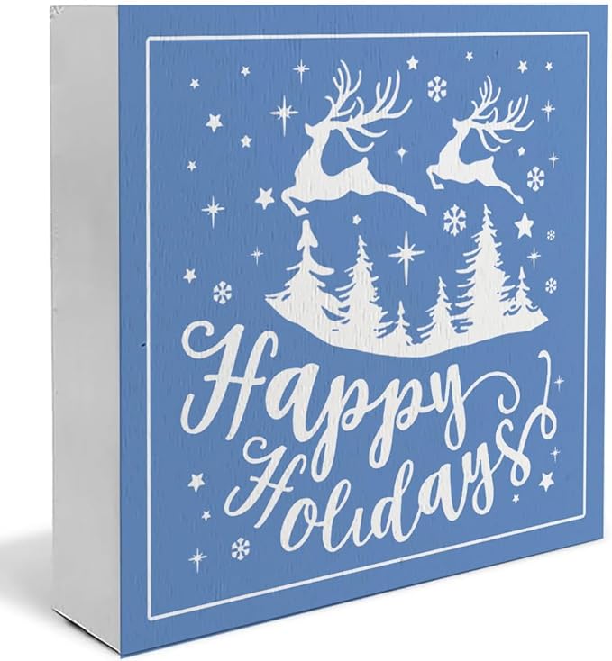 Happy Holiday Christmas Wooden Box Sign, Christmas Desk Decor, Farmhouse Christmas Trees Reindeer Snowflake Xmas Wood Signs for Home Office Table Shelf Decoration, 5x5 Inch(blue)