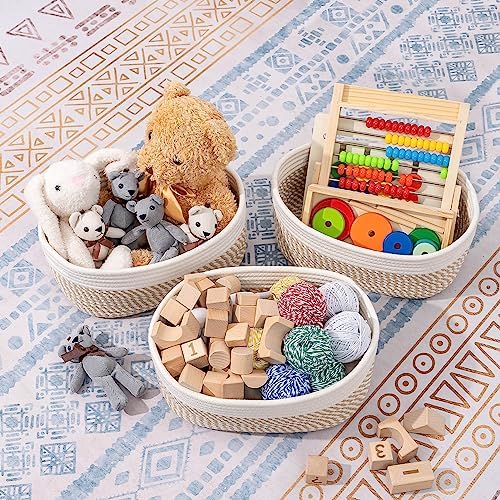 CubesLand Small Storage Baskets for Shelves, Closet Organization Bins Empty Gift Basket 2 Packs Baby Nursery Woven Organizing, Rectangular Clothes Shelves Off White/Mixed Camel - Image 2