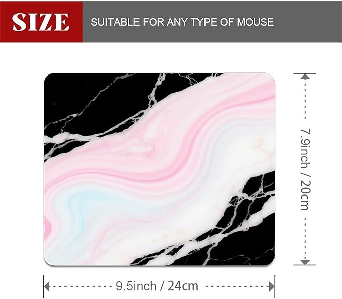 Square Mouse Pad Black Pink Marble, Personalized Premium-Textured Custom Mouse Mat Design, Washable Mousepad Cloth, Non-Slip Rubber Base Computer Mouse Pads for Wireless Mouse