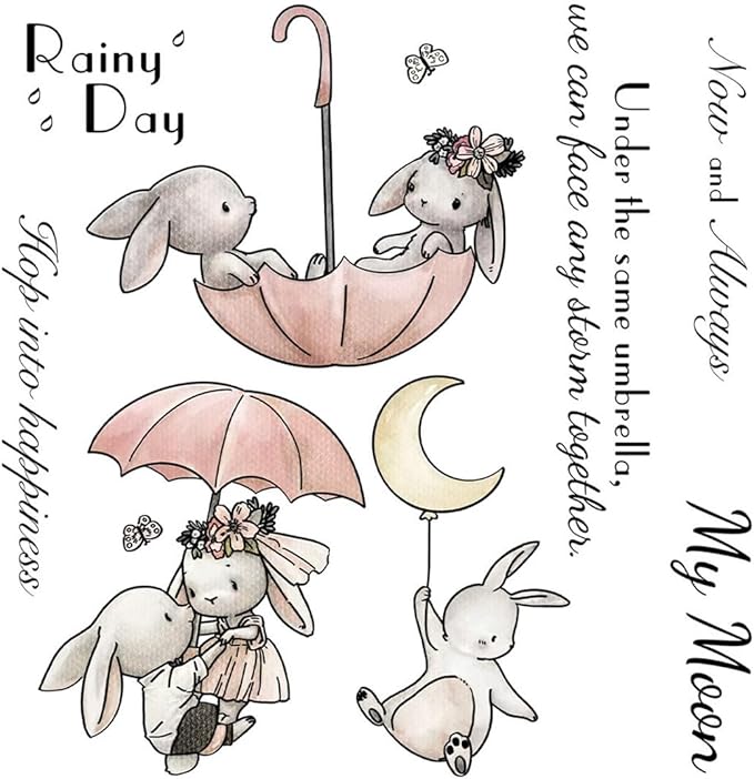 Couple Rabbit Umbrella Stamps and Cutting Dies for Card Making DIY Transparent Silicone Clear Stamp and Metal Die Cuts Sets for Scrapbooking Paper Greeting Cards Decor Seals Craft Supplies