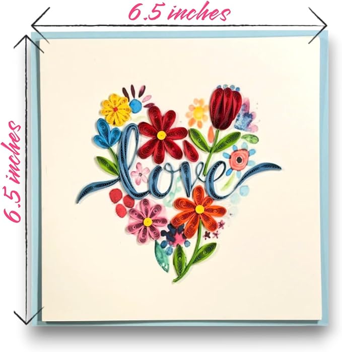 Handmade Quilling Greeting Card Love in Heart Floral Design Romantic Gift for Her Birthday Anniversary Valentine Special Occasion
