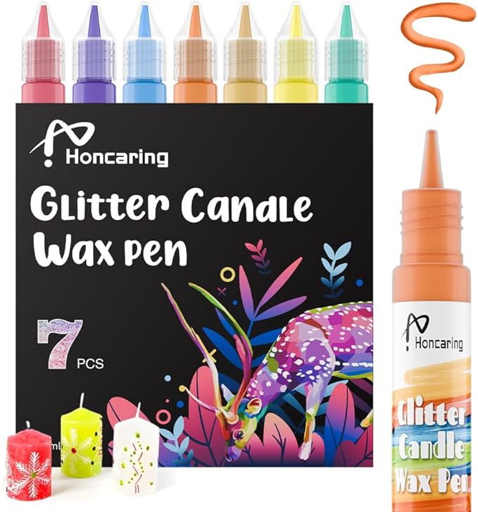 Honcaring Candle Wax Pen, Easy to Use Glitter Painting Pen, 7 Glitter Colors Set for Candle Blessing Writing, Decorating & More DIY Crafts(15ml/0.5oz*7)