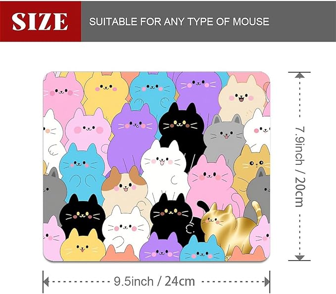 Square Mouse Pad Rainbow Cat, Personalized Premium-Textured Custom Mouse Mat Design, Washable Mousepad Cloth, Non-Slip Rubber Base Computer Mouse Pads for Wireless Mouse