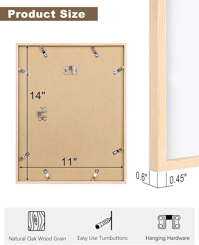 KINLINK 11x14 Frame Natural Oak Wood Frame with Acrylic Plexiglass, 1 Pack