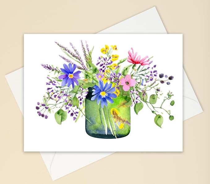 Wildflower Bouquet Greeting Cards, Set of 10 all occasion 5x7 note cards with Evelopes Blank Inside. Colorful Flowers in Vase Designs.